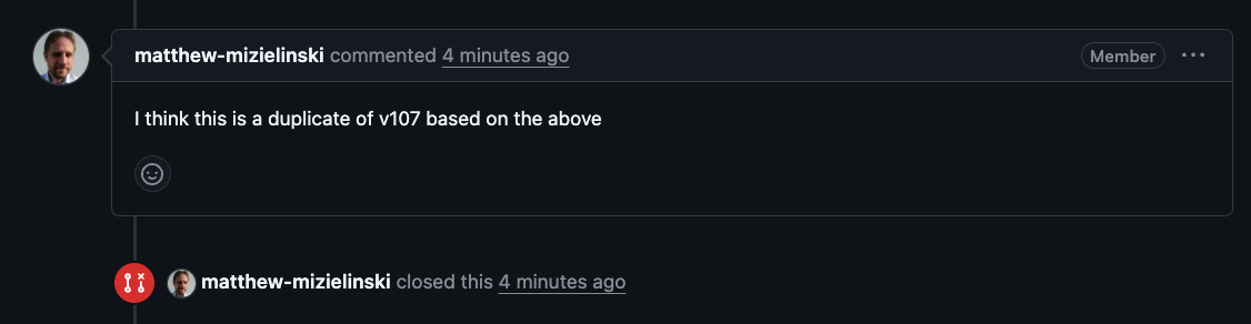 A reviewer commenting that the submission duplicates v107, then closing the issue