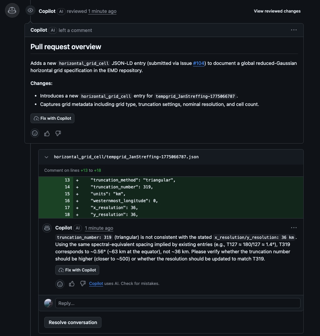 Example of a Copilot inline review comment thread on specific diff lines