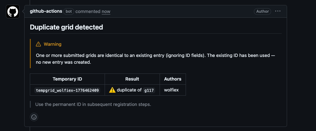 An automated comment flagging that a near-identical grid cell already exists in the registry