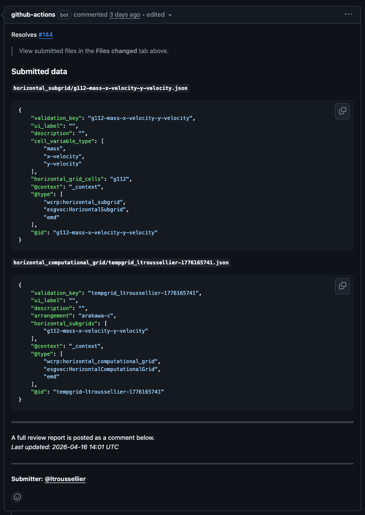 The pull request body showing the JSON diff that reviewers examine